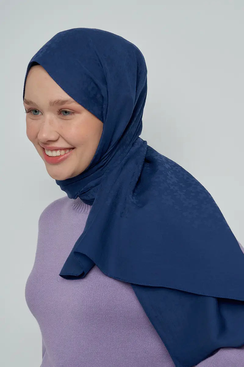 Cotton Shawl with Floral Pattern - Navy Blue