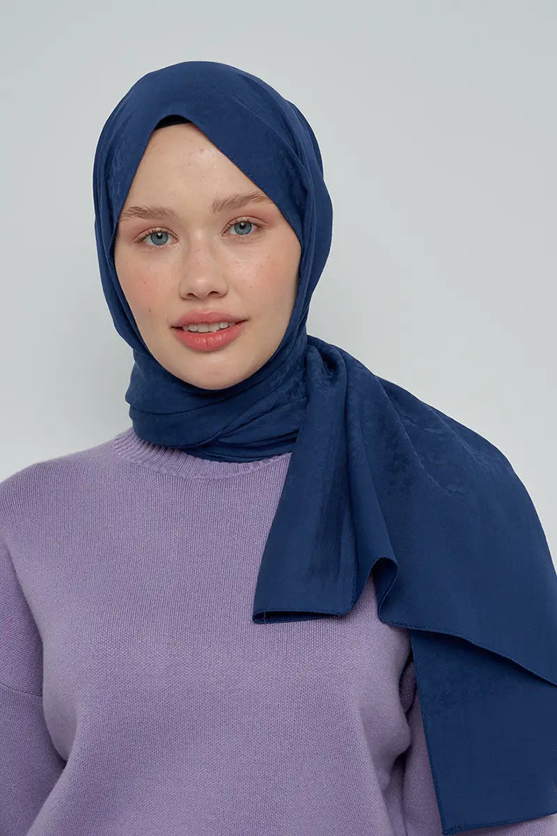 Cotton Shawl with Floral Pattern - Navy Blue