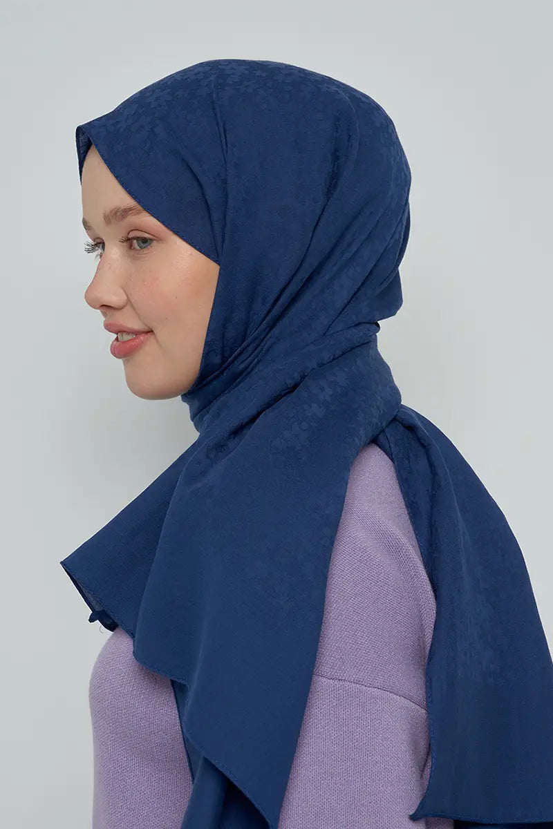 Cotton Shawl with Floral Pattern - Navy Blue