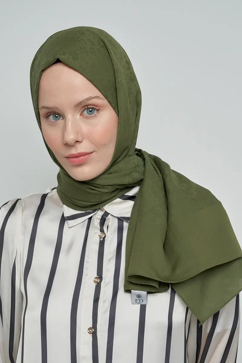 Cotton Shawl with Floral Pattern - Olive Green