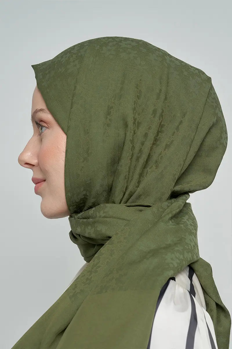 Cotton Shawl with Floral Pattern - Olive Green