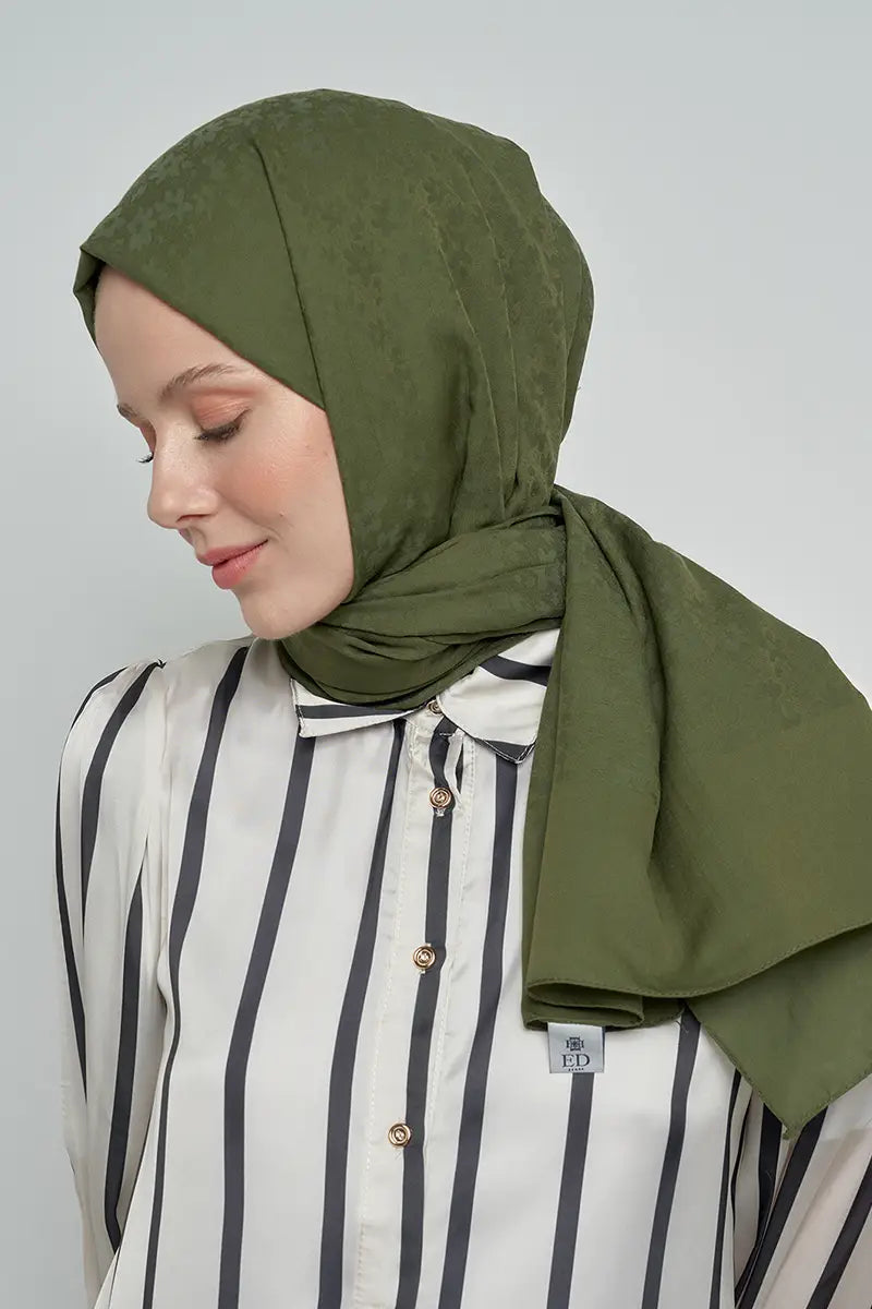 Cotton Shawl with Floral Pattern - Olive Green