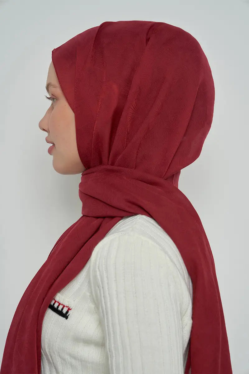 Cotton Shawl with Leaf Pattern - Burgundy