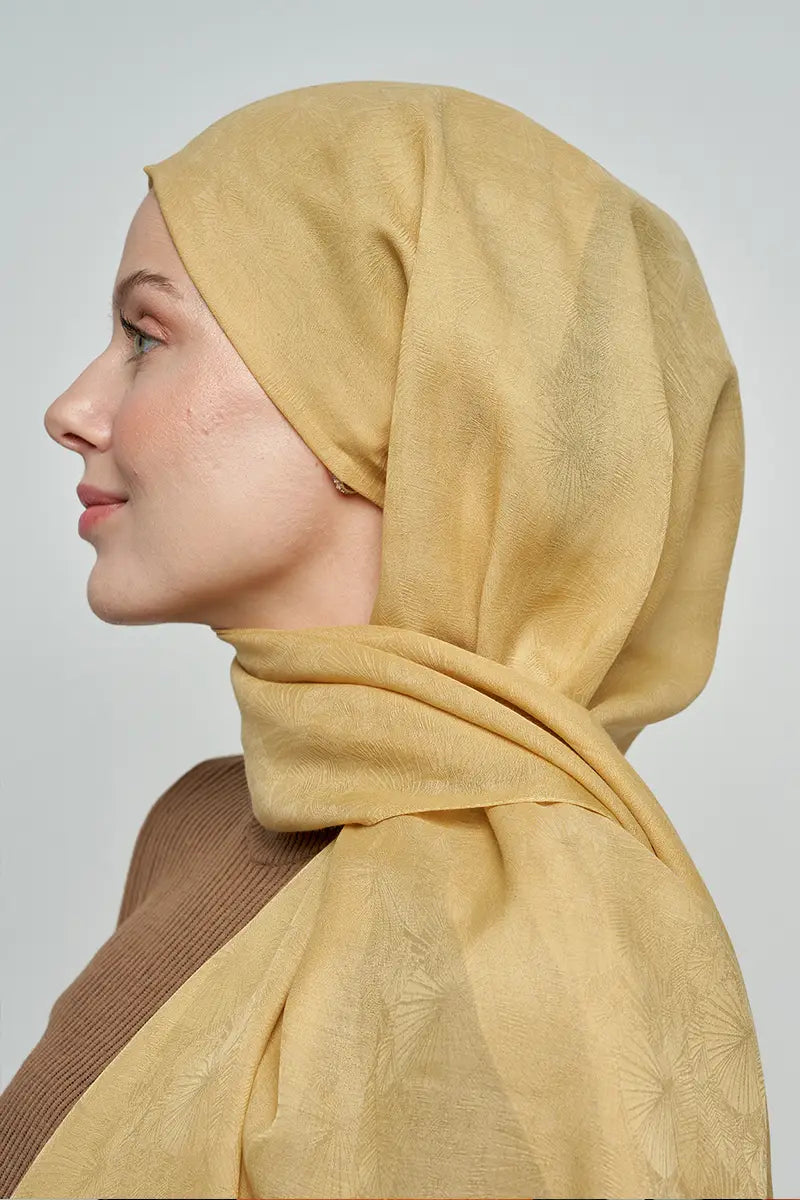 Cotton Shawl with Leaf Pattern - Mustard