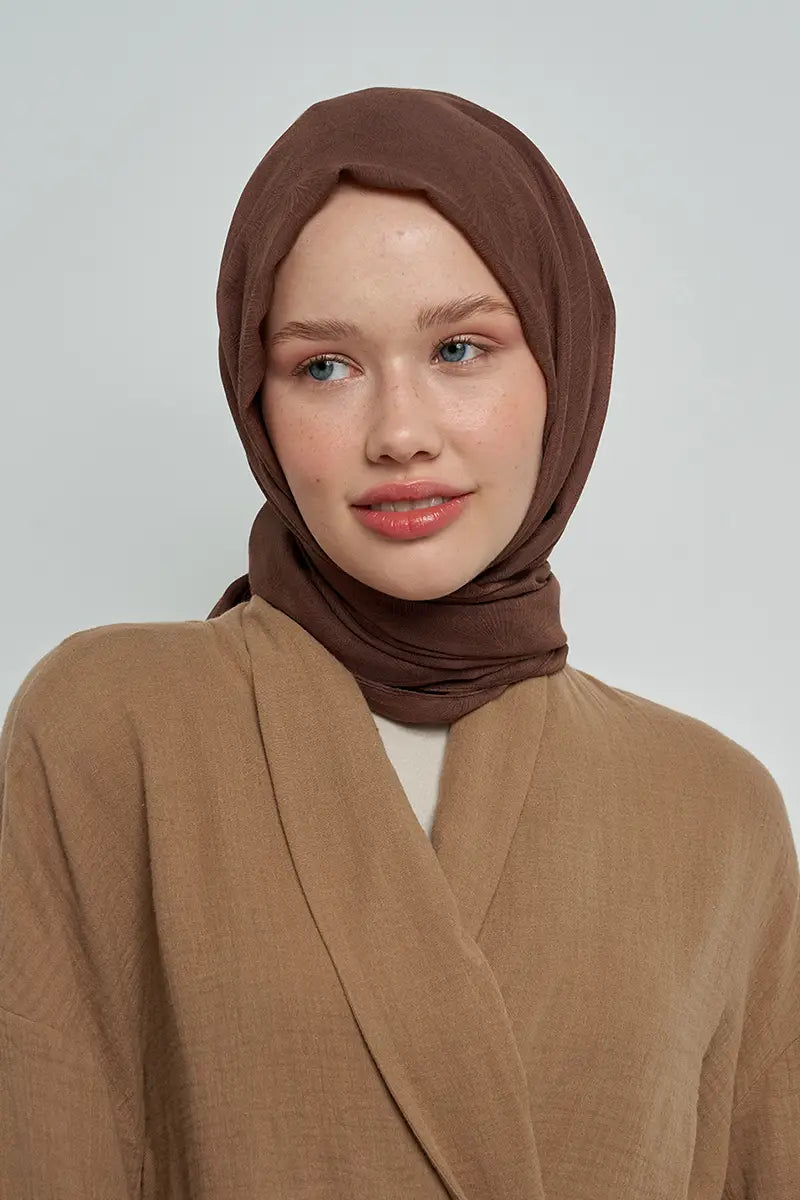 Pamuklu Şal Yaprak Desen - Kahverengi