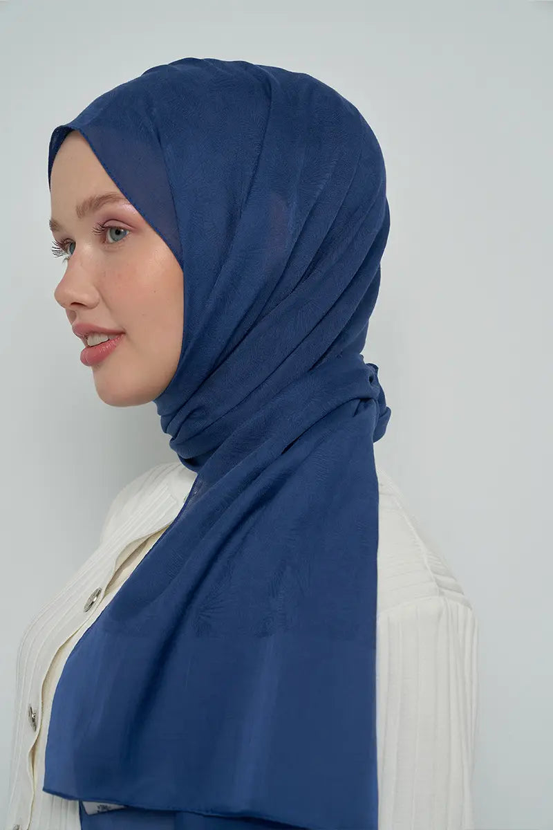 Cotton Shawl with Leaf Pattern - Navy Blue