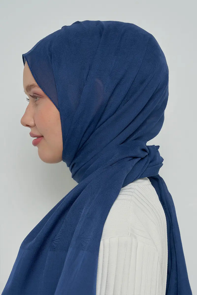 Pamuklu Şal Yaprak Desen - Lacivert