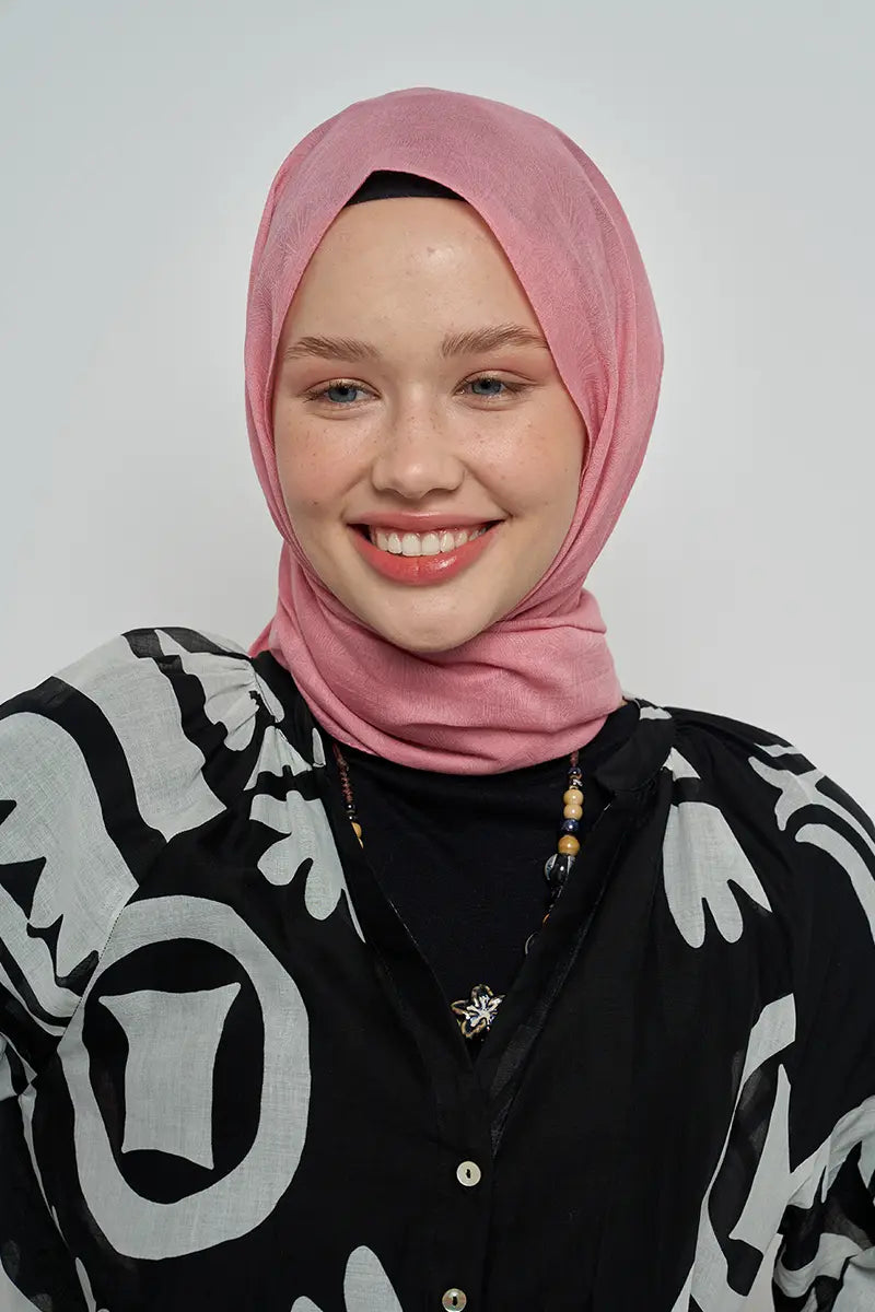 Cotton Shawl with Leaf Pattern - Pink