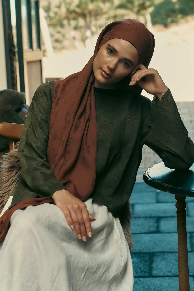 İpeksi Jakar Şal Papatya Desen - Kahverengi