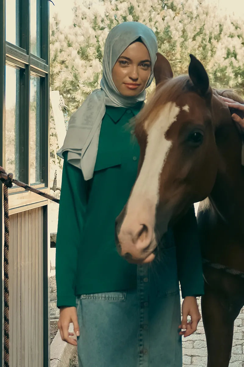 İpeksi Jakar Şal Papatya Desen - Mavili Gri