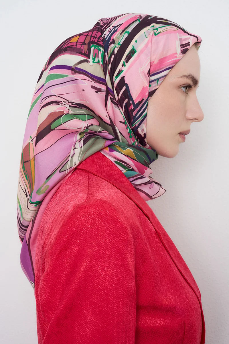 Perspektif Desen Viskon Floş Eşarp - Pembe
