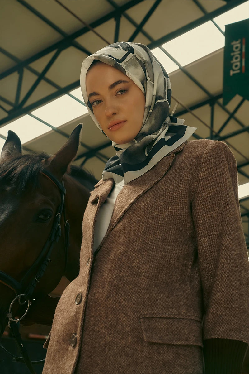 Desenli Modal Eşarp Petek - Siyah Gri