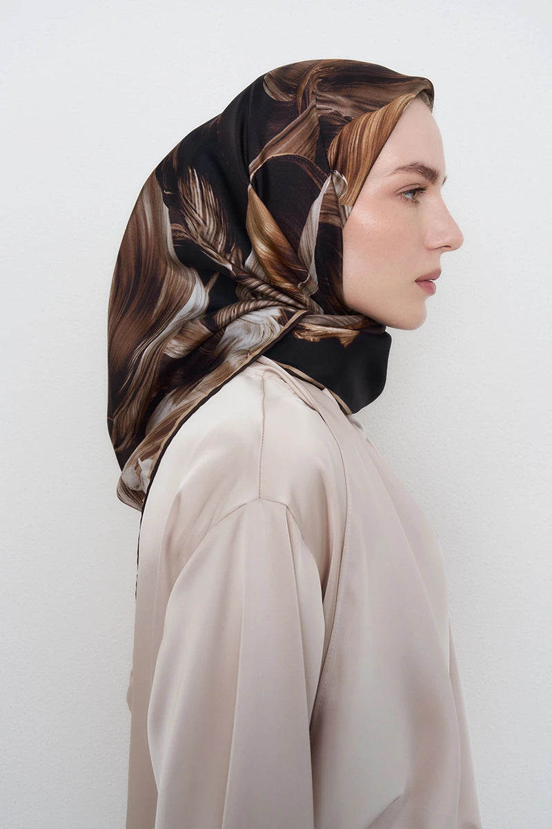 Soyut Twill İpek Eşarp - Kahverengi