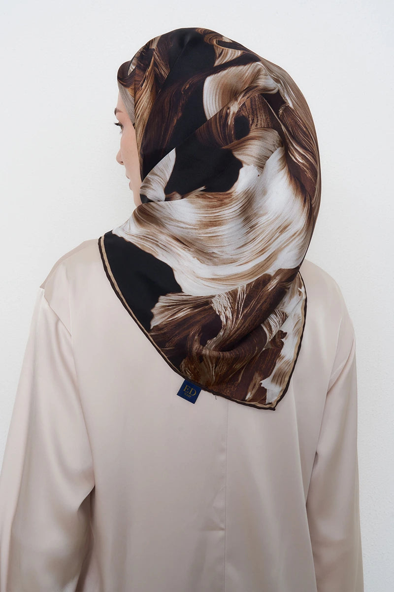 Soyut Twill İpek Eşarp - Kahverengi