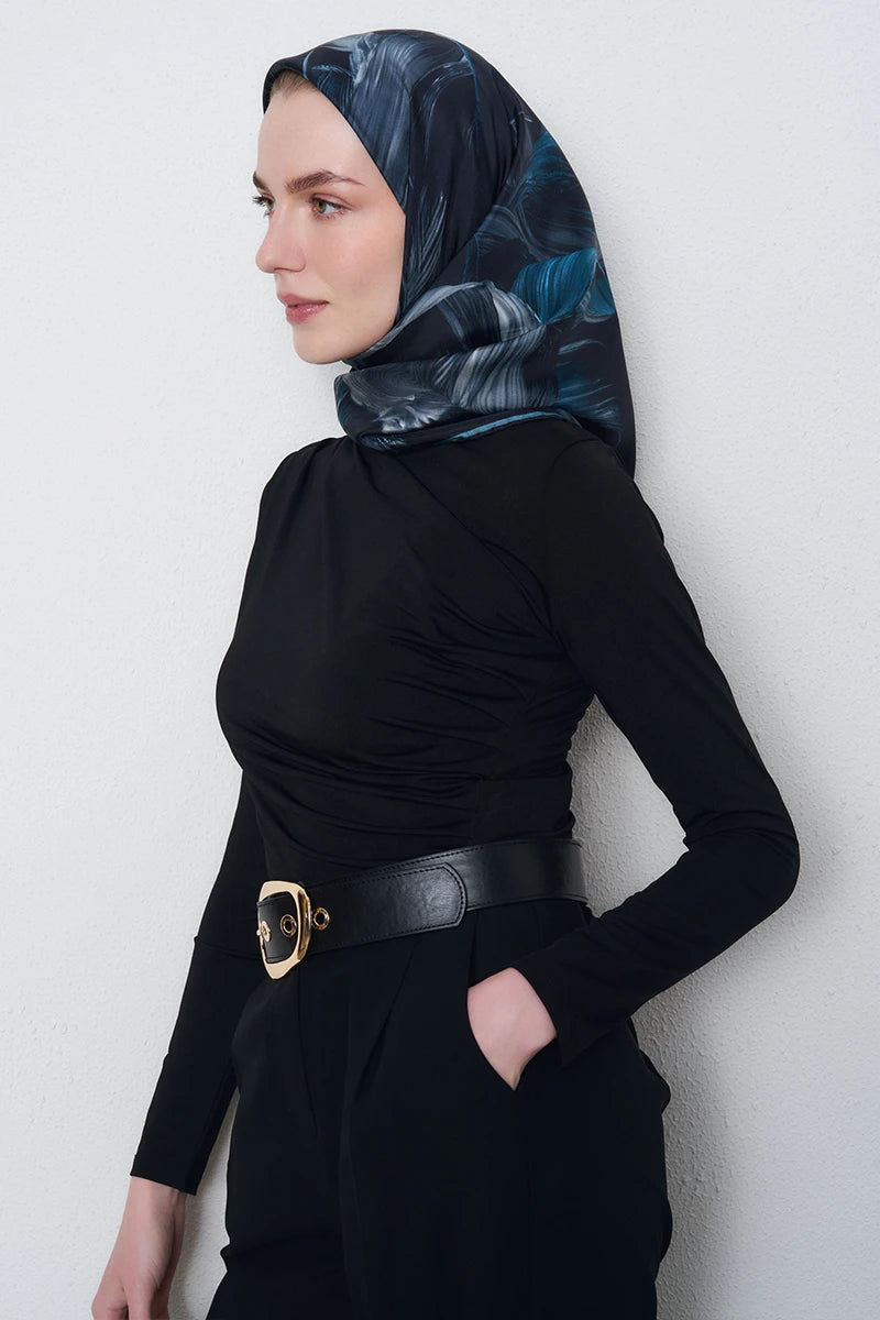 Soyut Twill İpek Eşarp - Lacivert