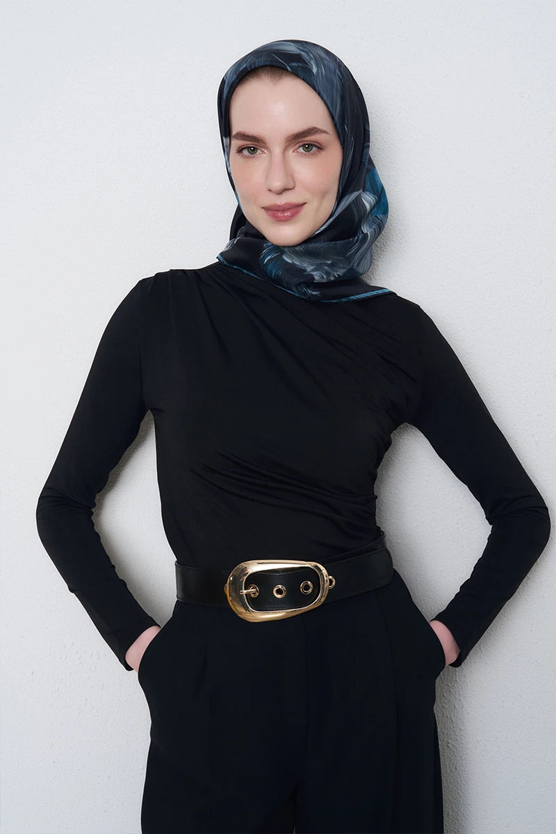 Soyut Twill İpek Eşarp - Lacivert