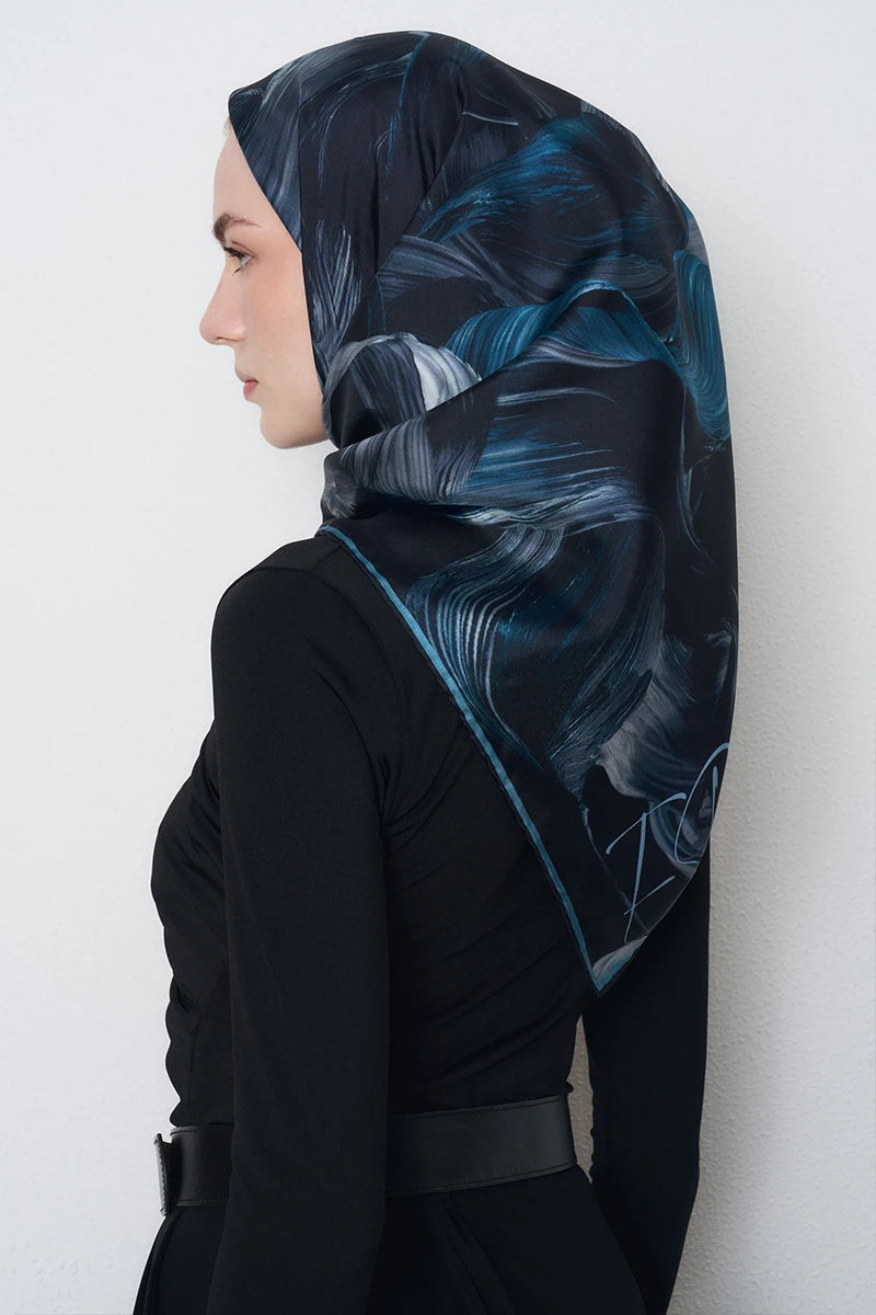 Soyut Twill İpek Eşarp - Lacivert