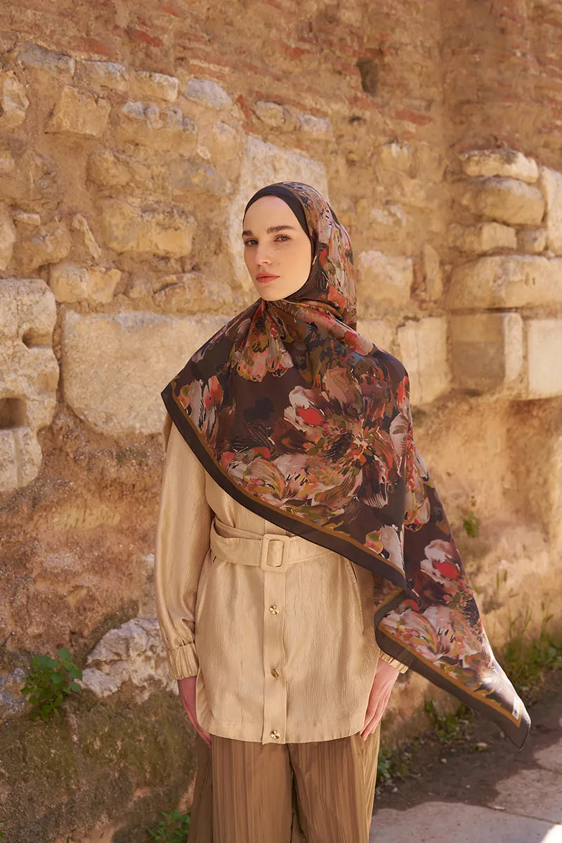 Sunrise Çiçek Desen Şal - Kahverengi