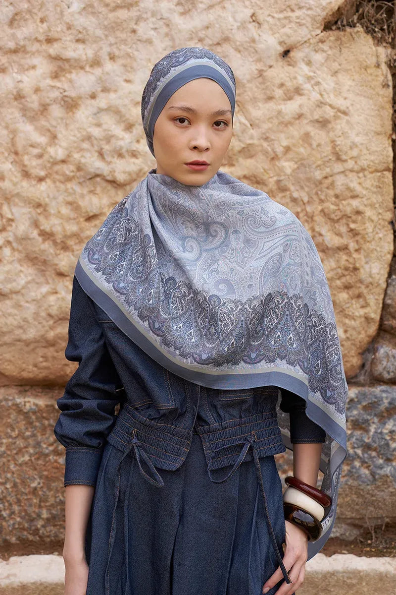 Sunrise Ethnic Pattern Shawl - Blue and Grey