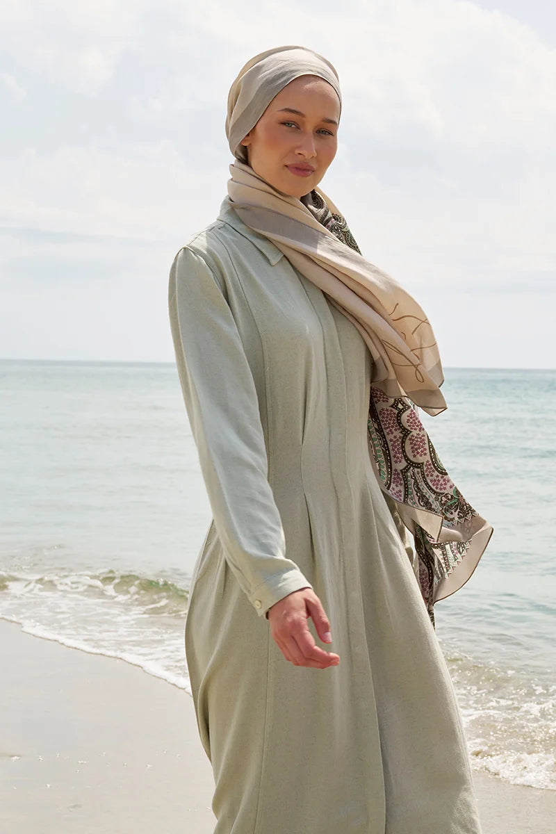 Tek Tarafı Desen Pamuk İpek Şal - Bej