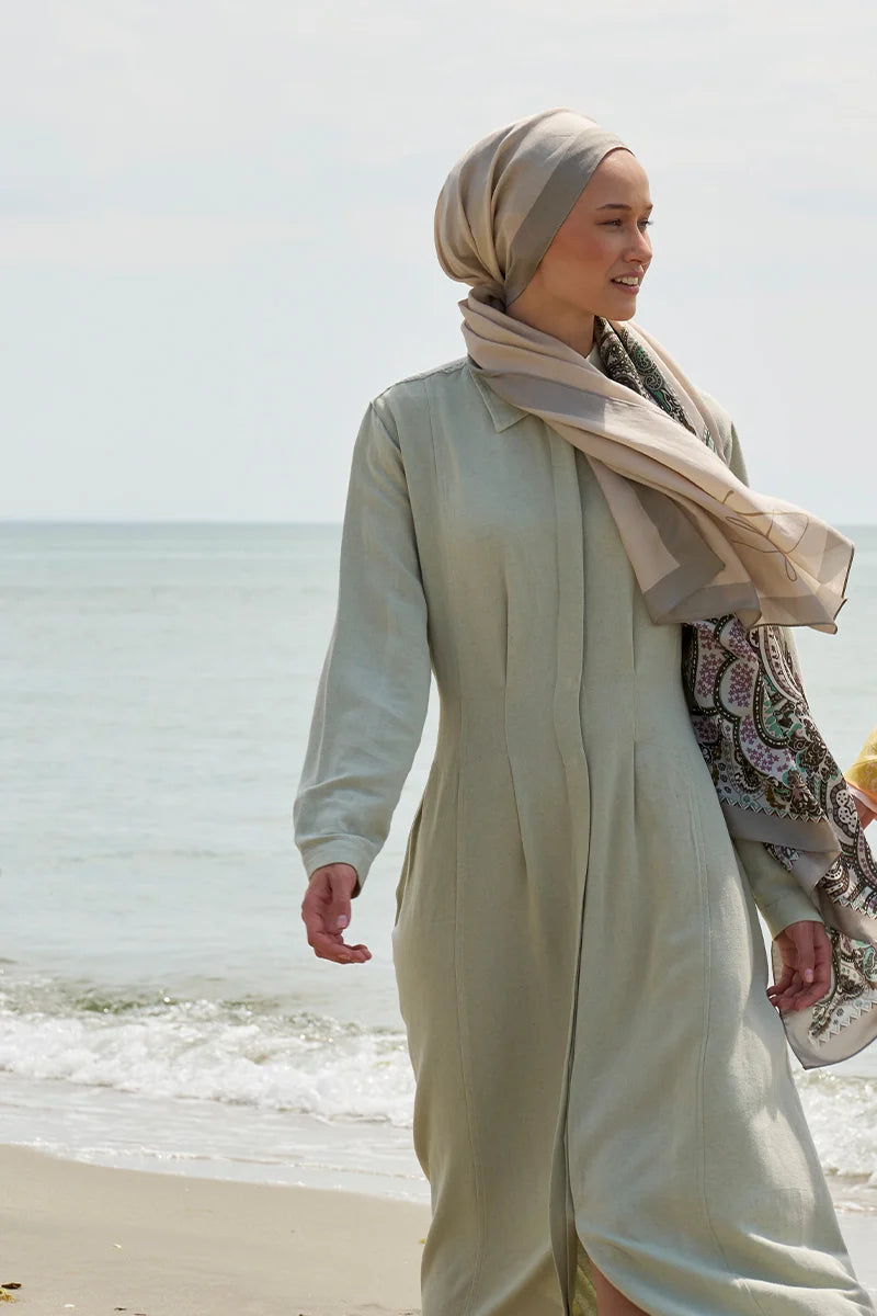 Tek Tarafı Desen Pamuk İpek Şal - Bej