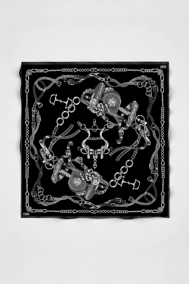 Viskon İpek Omuz Şal Harness Desen - Siyah