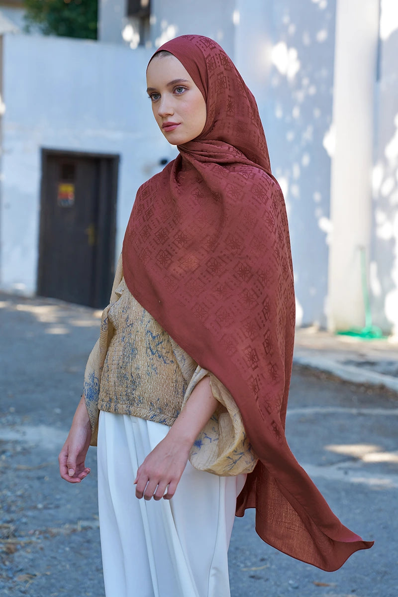 Naia Cotton Logo Pattern Shawl - Terracotta