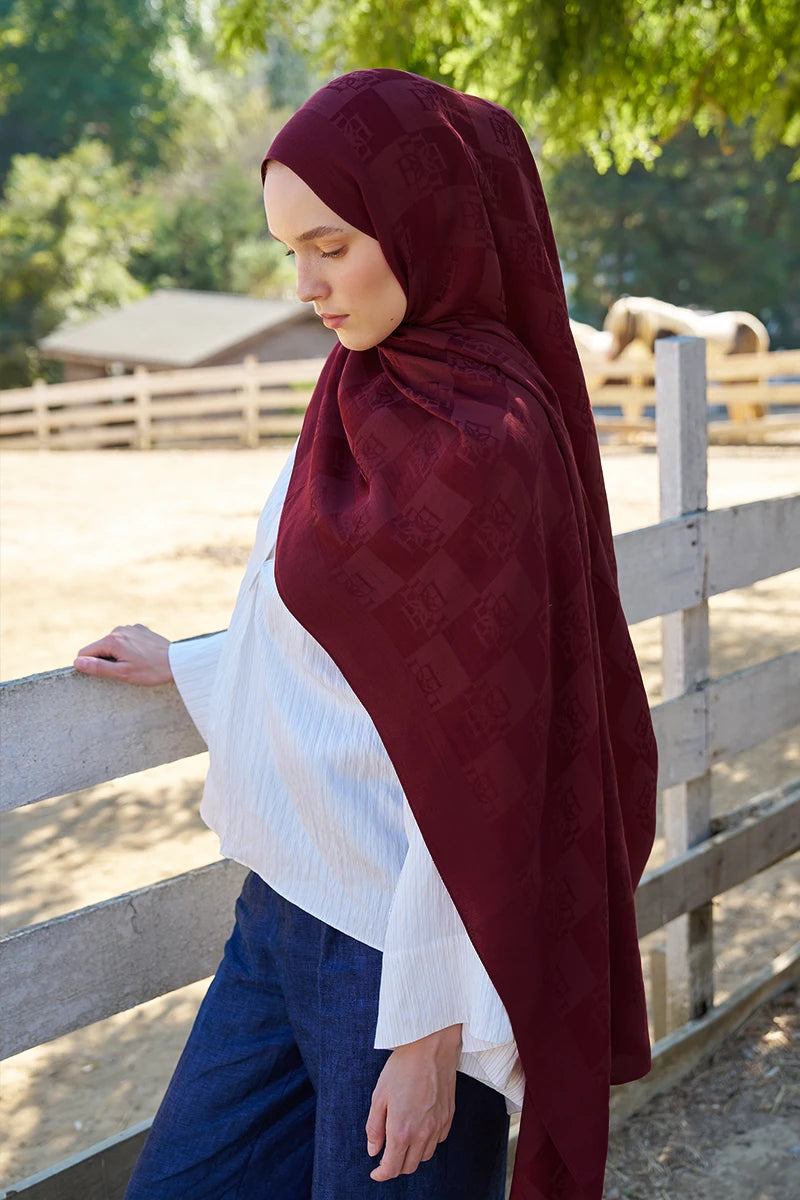 Naia Cotton Monogram Pattern Shawl - Claret Red