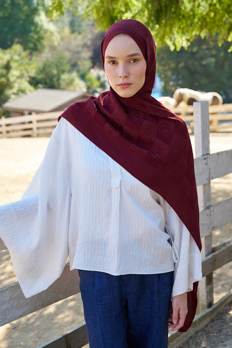 Naia Cotton Monogram Pattern Shawl - Claret Red