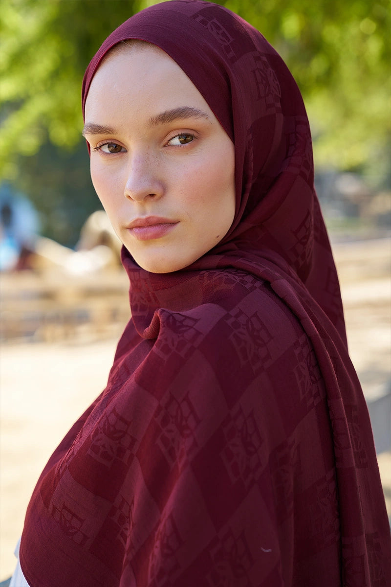 Naia Cotton Monogram Pattern Shawl - Claret Red