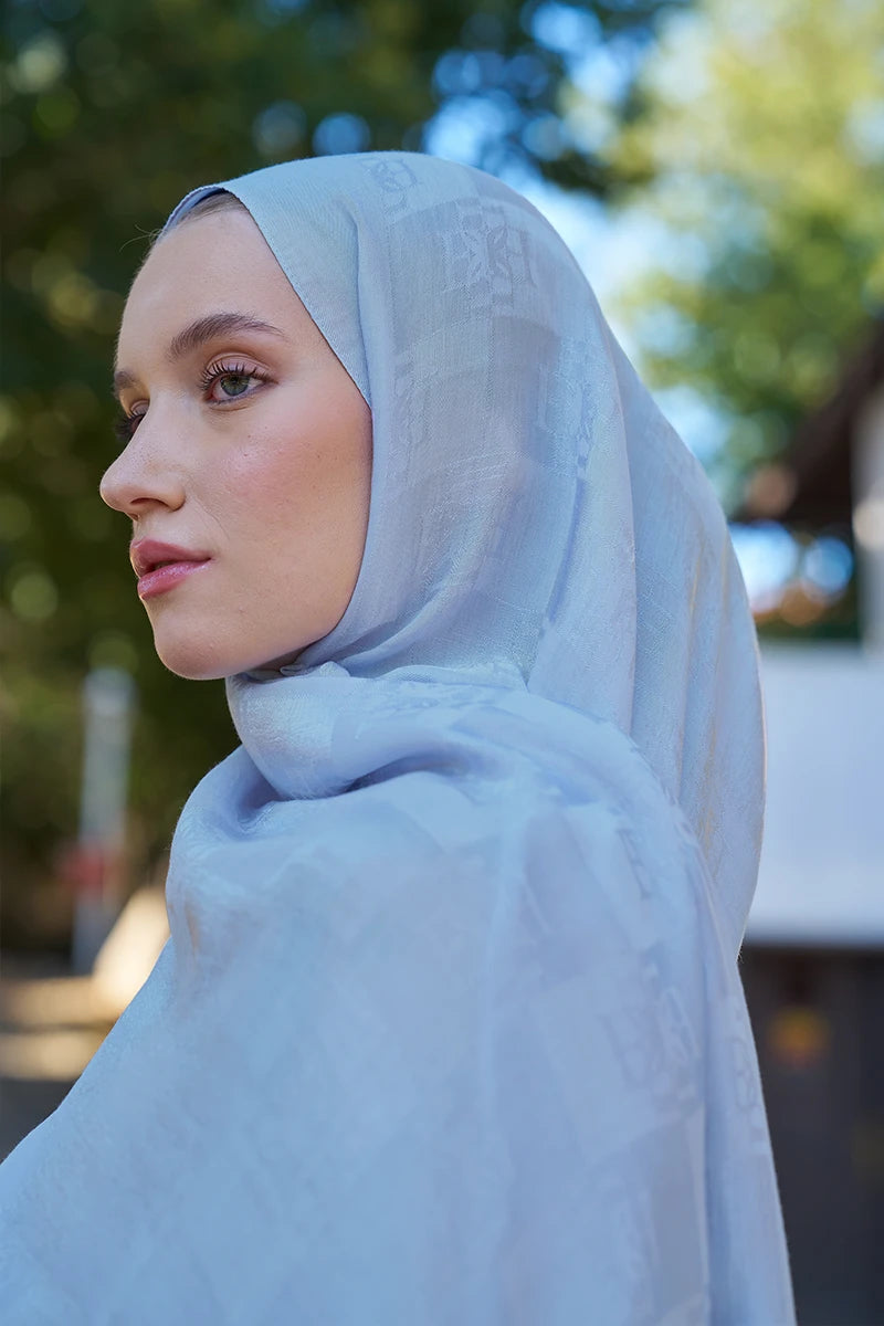 Naia Cotton Monogram Pattern Shawl - Ice Blue