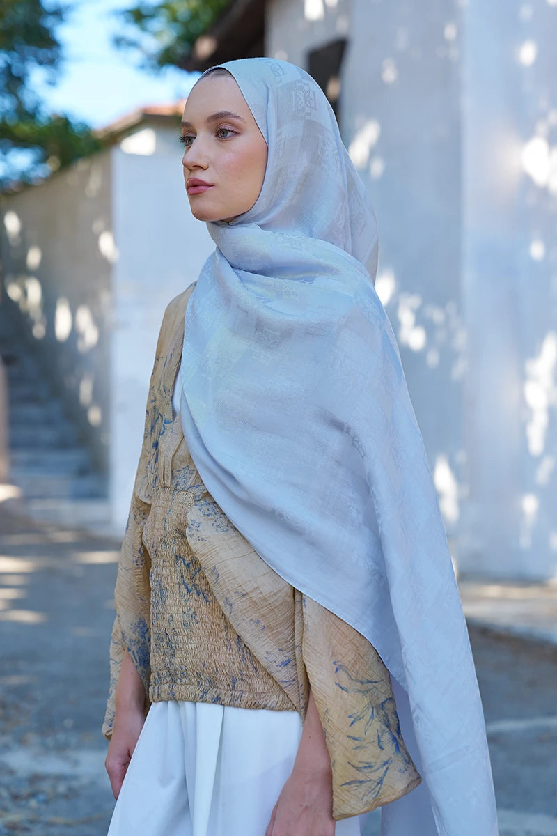 Naia Cotton Monogram Pattern Shawl - Ice Blue