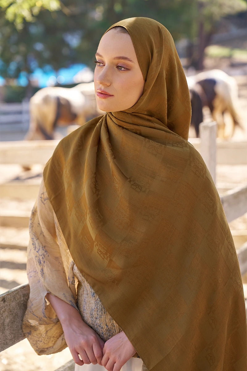 Naia Cotton Monogram Pattern Shawl - Mustard