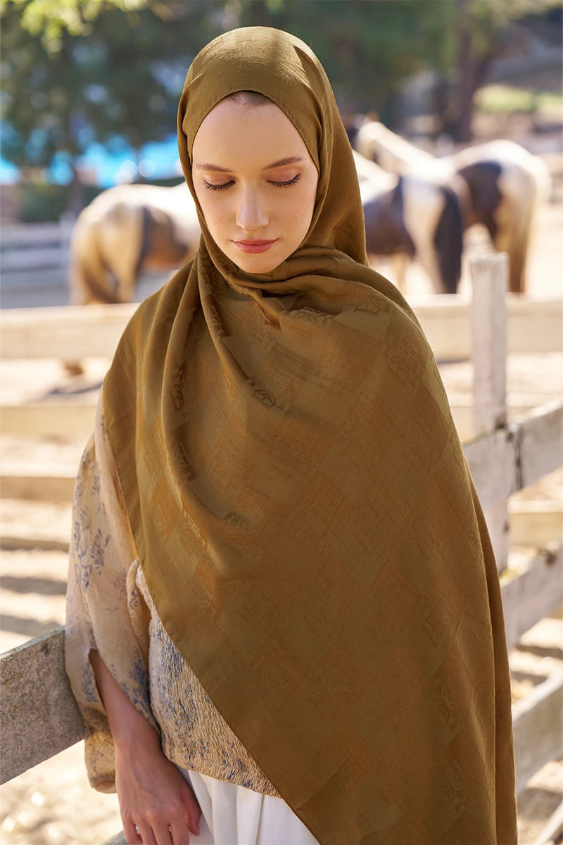 Naia Cotton Monogram Pattern Shawl - Mustard