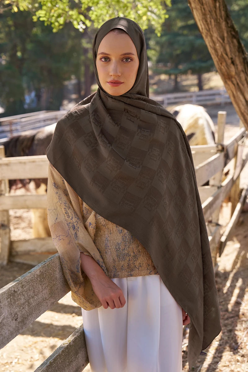 Naia Cotton Monogram Pattern Shawl - Coffee