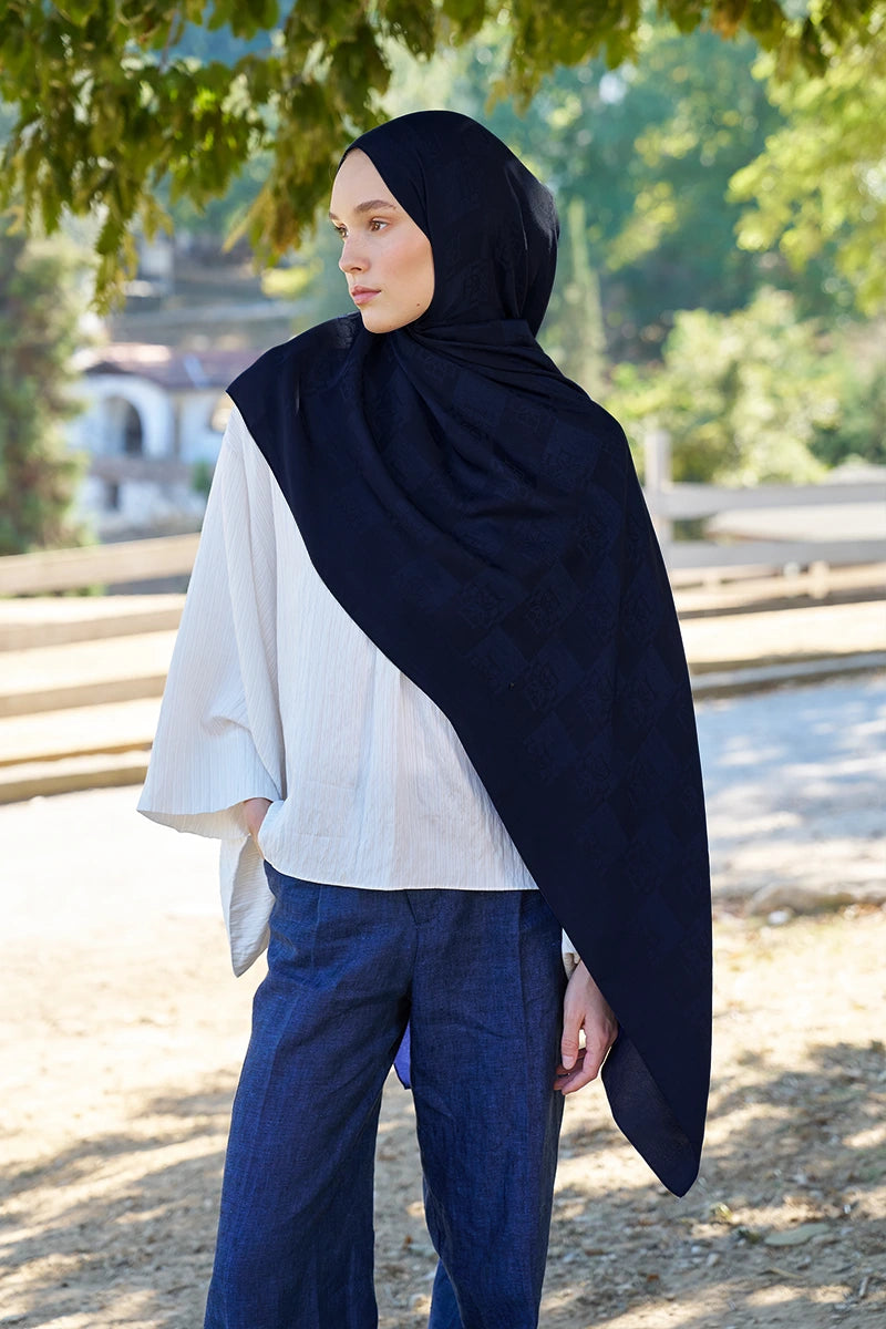 Naia Cotton Monogram Pattern Shawl - Navy Blue