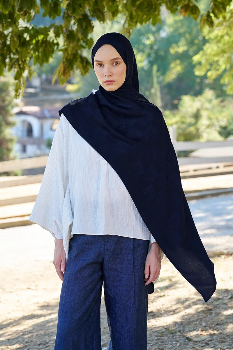 Naia Cotton Monogram Pattern Shawl - Navy Blue