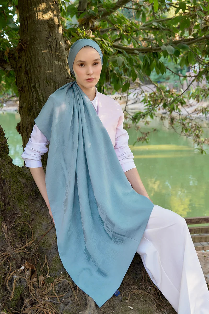 Naia Cotton Monogram Pattern Shawl - Blue