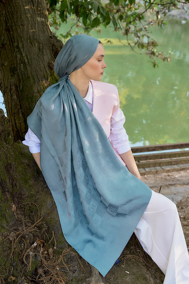 Naia Cotton Monogram Pattern Shawl - Blue