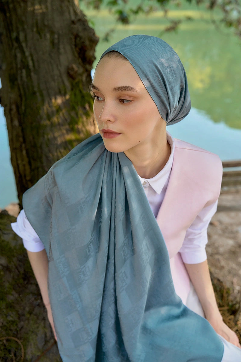 Naia Cotton Monogram Pattern Shawl - Blue