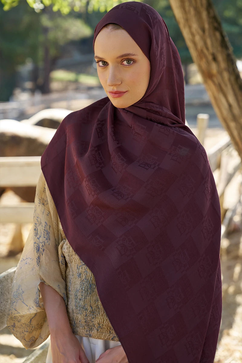 Naia Cotton Monogram Pattern Shawl - Burgundy