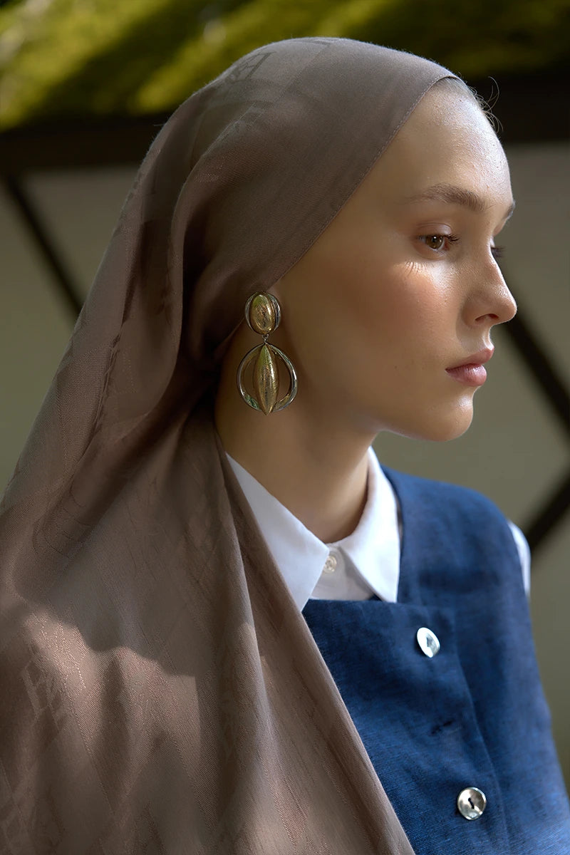 Naia Cotton Monogram Pattern Shawl - Mink