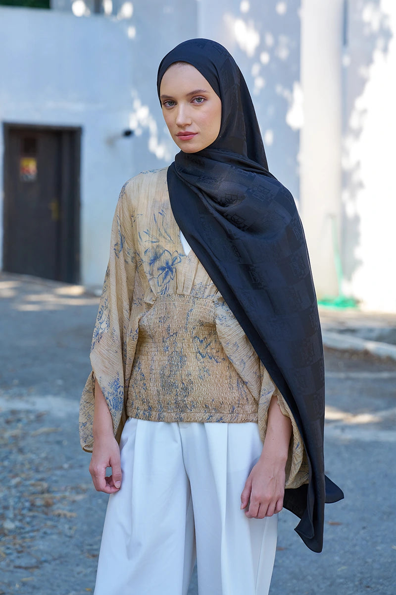 Naia Cotton Monogram Pattern Shawl - Black