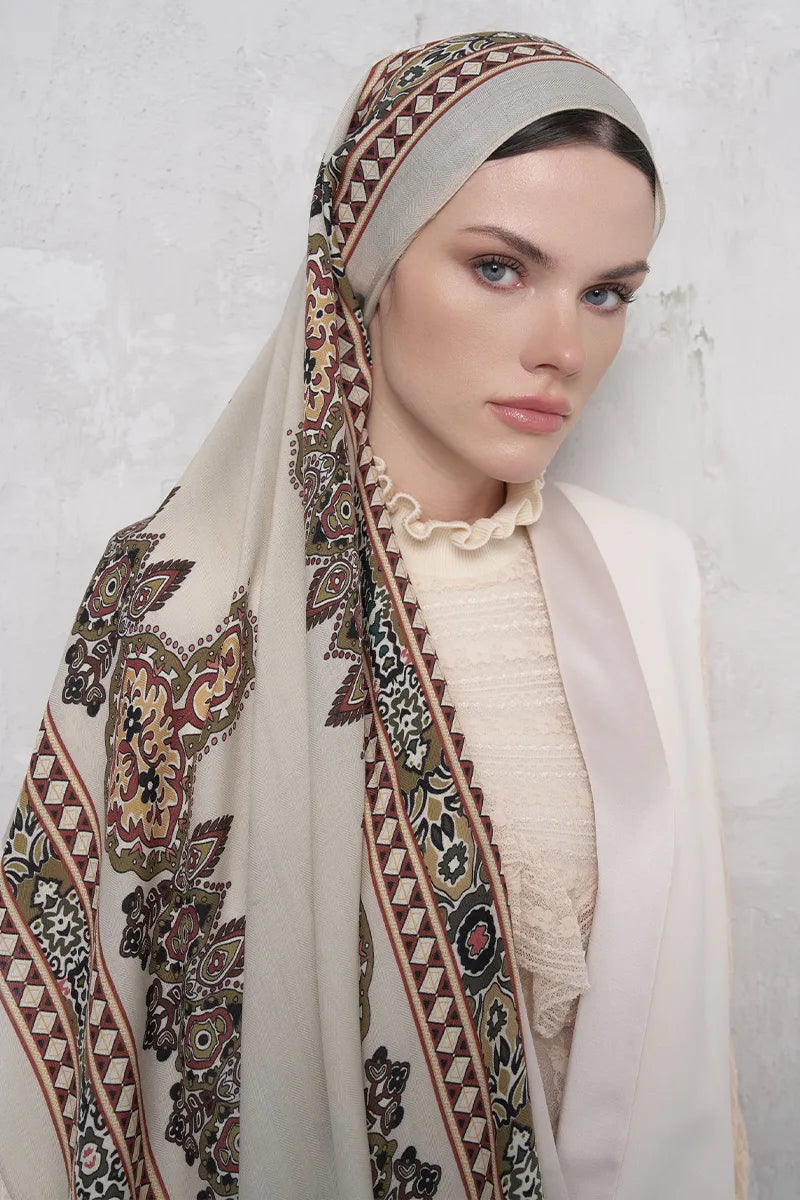 Yün İpek Şal Veilis Desen - Bej