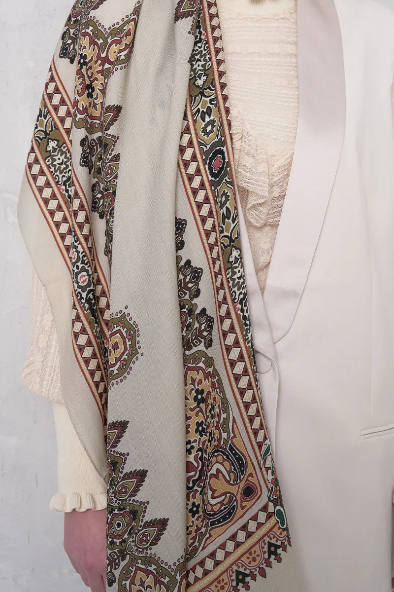 Yün İpek Şal Veilis Desen - Bej