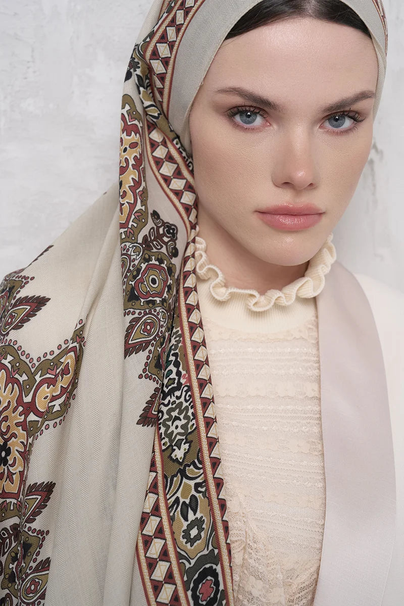 Yün İpek Şal Veilis Desen - Bej