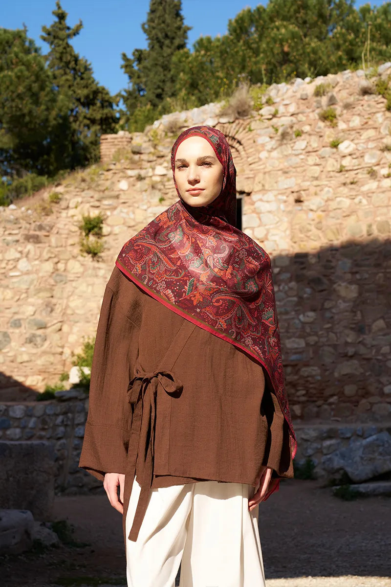 Yün İpek Bouqet Şal - Bordo