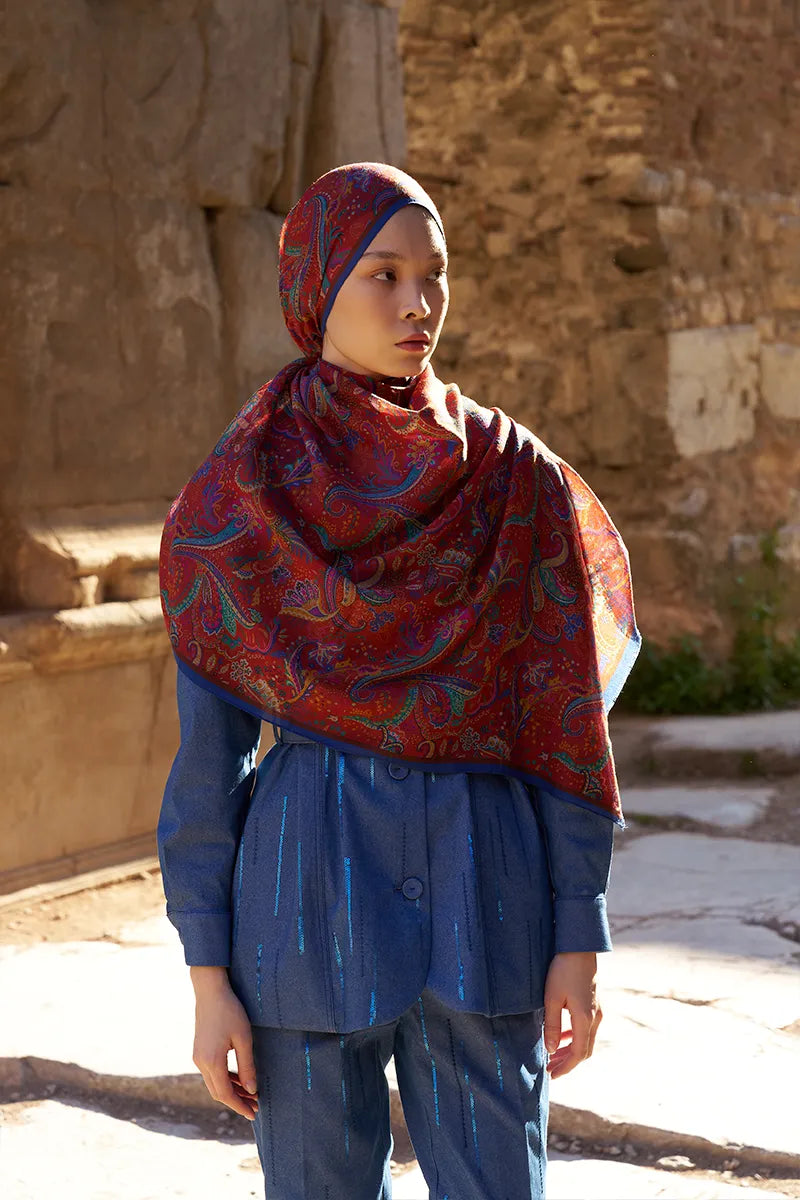 Yün İpek Bouqet Şal - Kırmızı