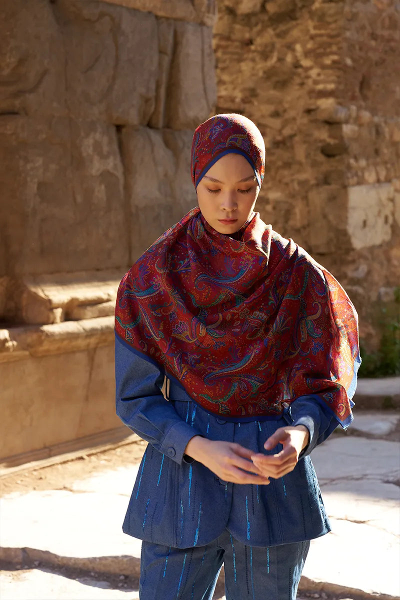 Wool Silk Bouquet Shawl - Red