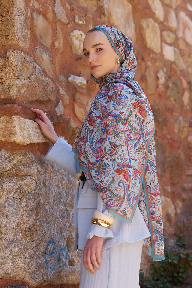 Yün İpek Bouqet Şal - Mavi